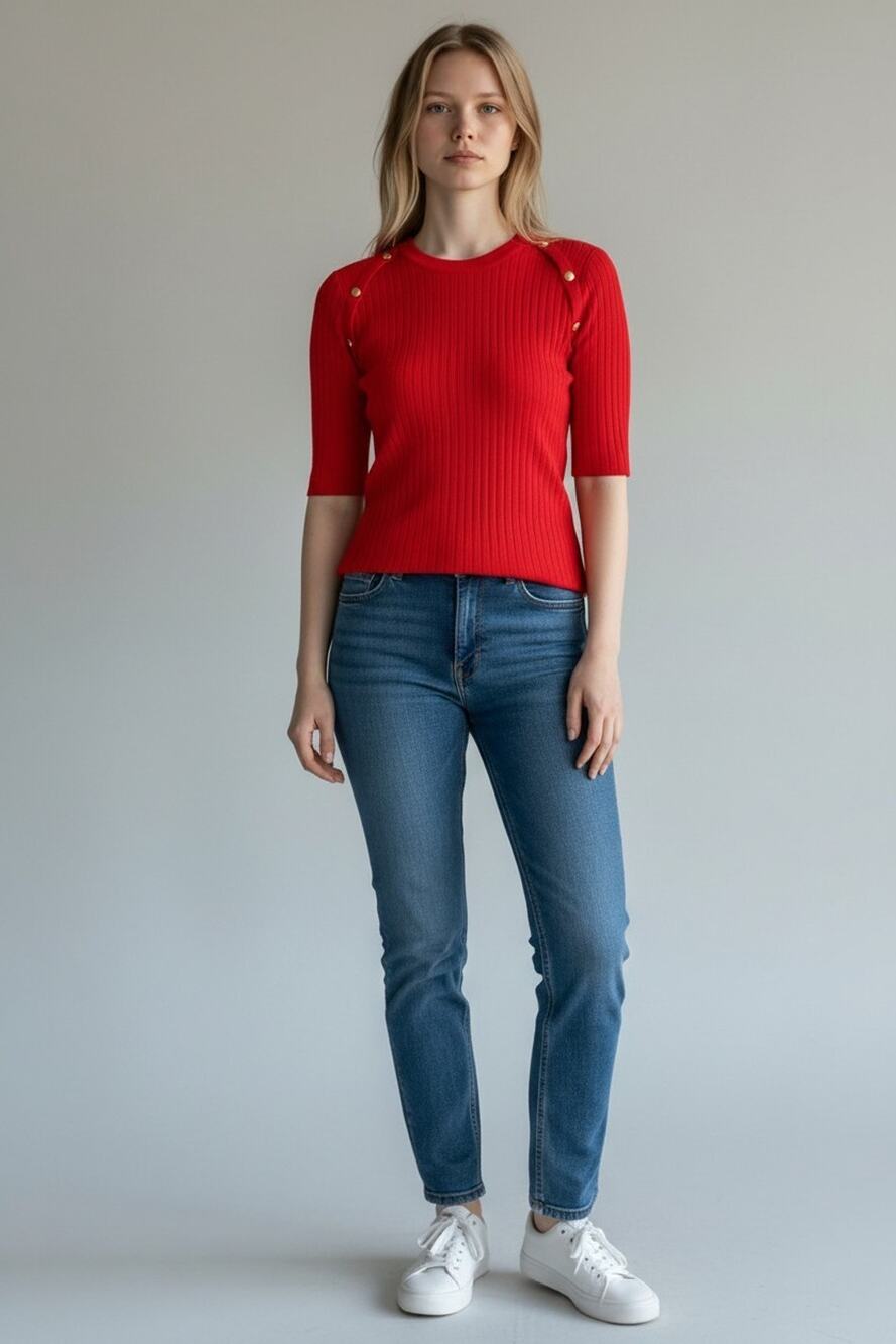 Anne Klein Red Ribbed Knit Short Sleeve Sweater Top Gold Button Shoulder M 6-10